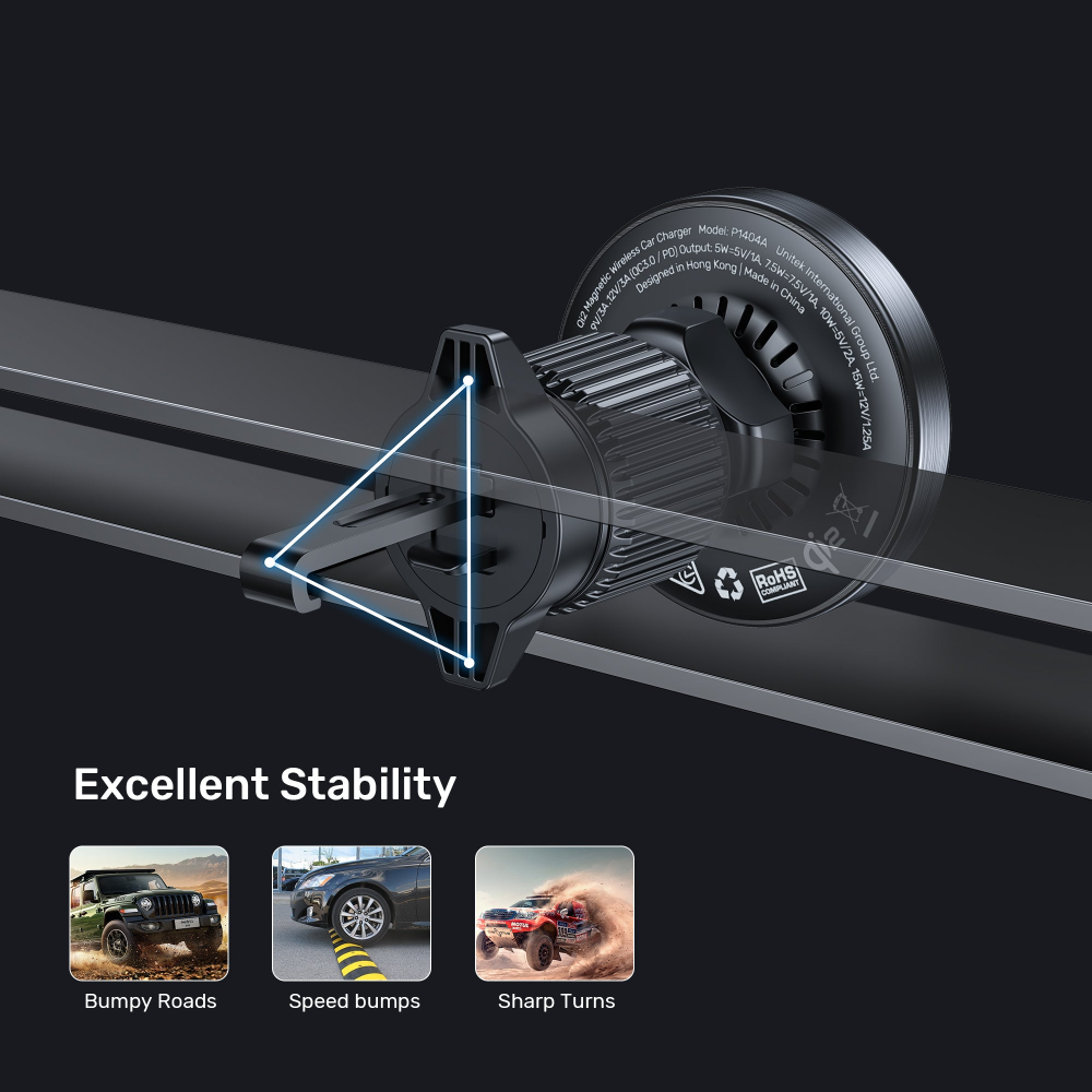UNITEK P1404ABK01 Qi2 MAGNETIC WIRELESS CAR AIR VENTS CHARGER 15W07 - One Chip Computers Unitek P1404ABK01 Qi2 Magnetic Wireless Car Air Vent Charger