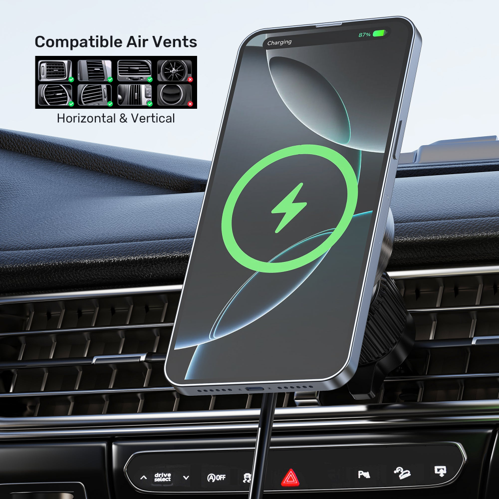 UNITEK P1404ABK01 Qi2 MAGNETIC WIRELESS CAR AIR VENTS CHARGER 15W08 - One Chip Computers Unitek P1404ABK01 Qi2 Magnetic Wireless Car Air Vent Charger
