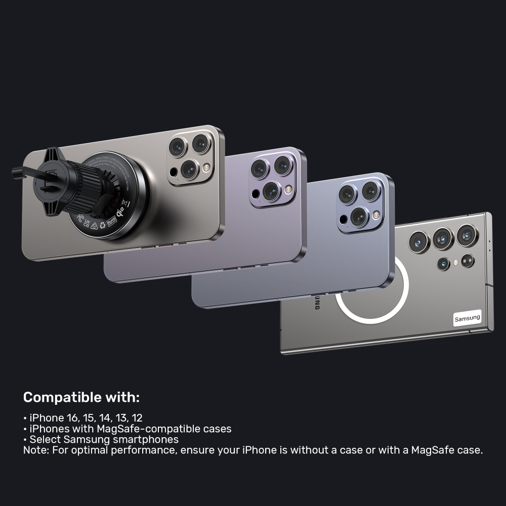UNITEK P1404ABK01 Qi2 MAGNETIC WIRELESS CAR AIR VENTS CHARGER 15W10 - One Chip Computers Unitek P1404ABK01 Qi2 Magnetic Wireless Car Air Vent Charger