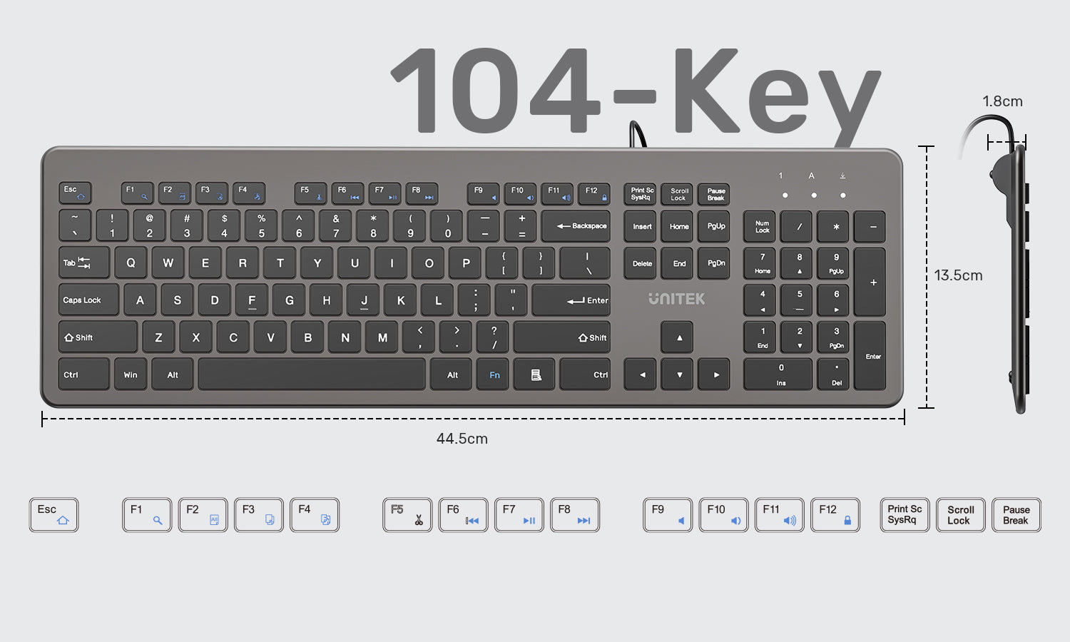 Unitek T052AGY01-US SlimTap Ultra-Light Wired Keyboard 104 Keys Space Gray