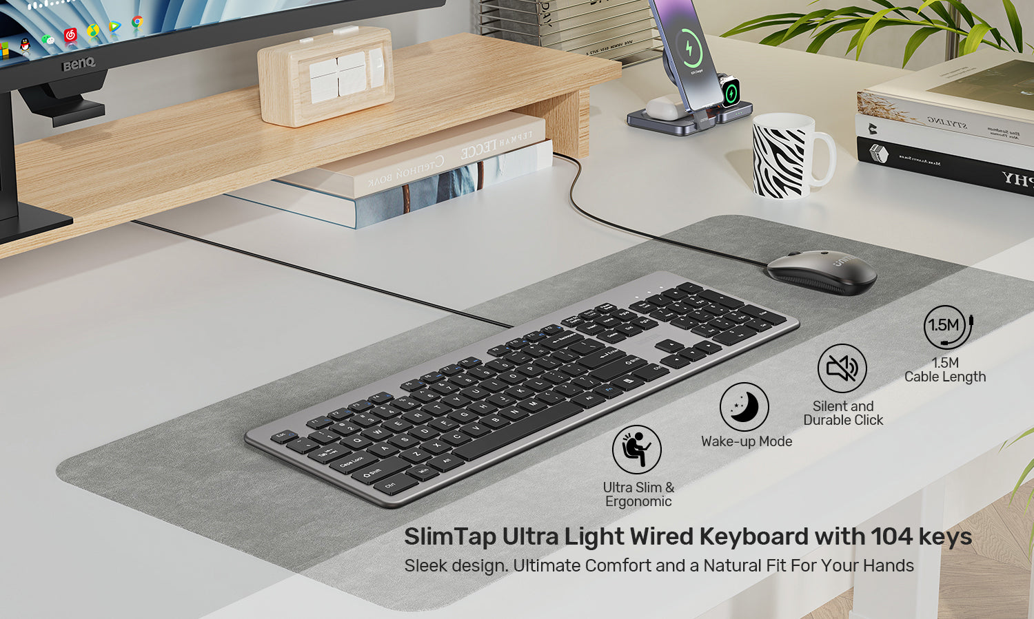 Unitek T052AGY01-US SlimTap Ultra-Light Wired Keyboard 104 Keys Space Gray