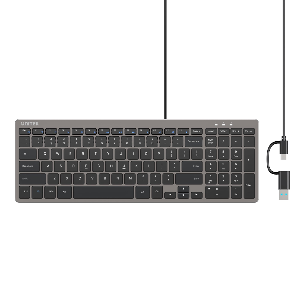 UNITEK T053AGY01-US SLIMTAP ULTRA LIGHT WIRED KEYBOARD WITH 99 KAYS SPACE GREY01 - One Chip Computers Unitek T053AGY01-US SlimTap Ultra-Light Wired Keyboard 99 Keys Space Gray