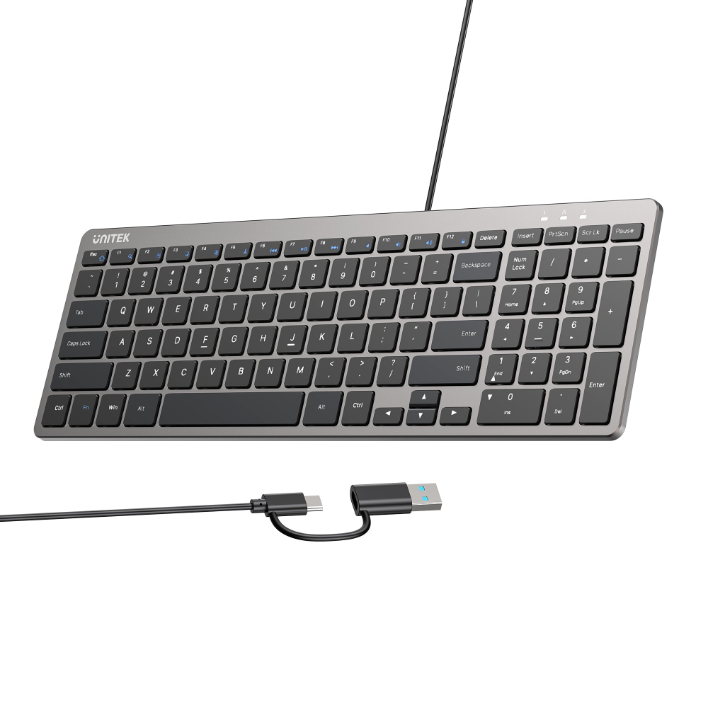 UNITEK T053AGY01-US SLIMTAP ULTRA LIGHT WIRED KEYBOARD WITH 99 KAYS SPACE GREY02 - One Chip Computers Unitek T053AGY01-US SlimTap Ultra-Light Wired Keyboard 99 Keys Space Gray