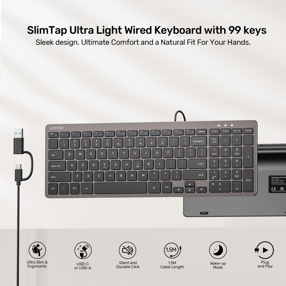 UNITEK T053AGY01-US SLIMTAP ULTRA LIGHT WIRED KEYBOARD WITH 99 KAYS SPACE GREY03 - One Chip Computers Unitek T053AGY01-US SlimTap Ultra-Light Wired Keyboard 99 Keys Space Gray