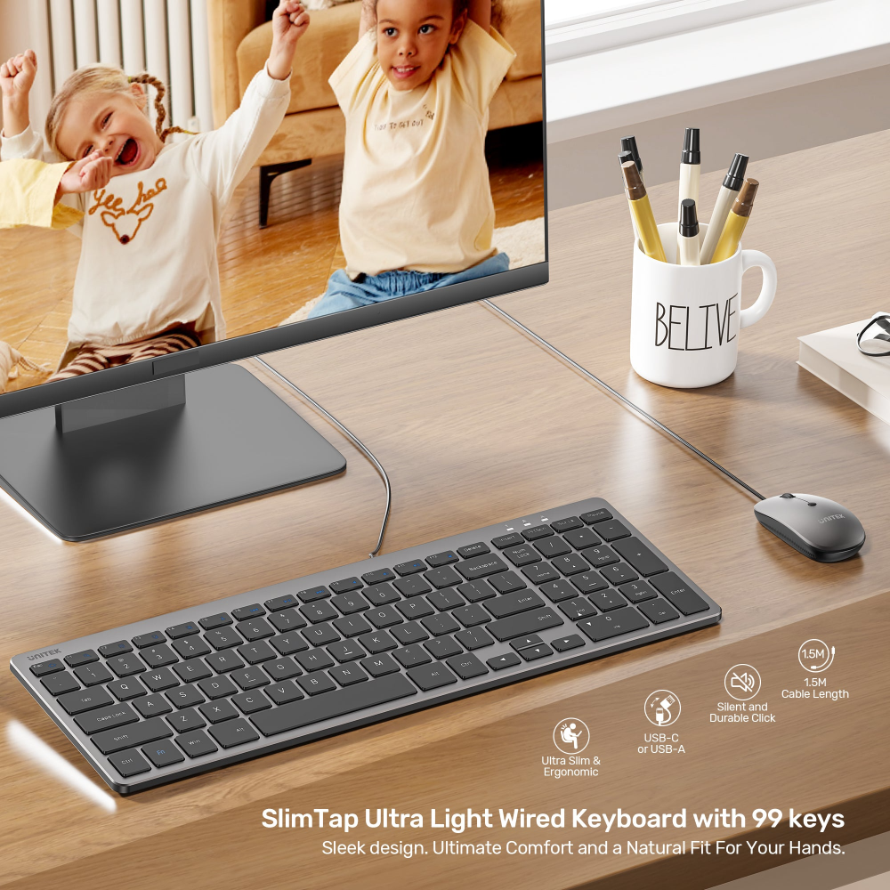 UNITEK T053AGY01-US SLIMTAP ULTRA LIGHT WIRED KEYBOARD WITH 99 KAYS SPACE GREY04 - One Chip Computers Unitek T053AGY01-US SlimTap Ultra-Light Wired Keyboard 99 Keys Space Gray