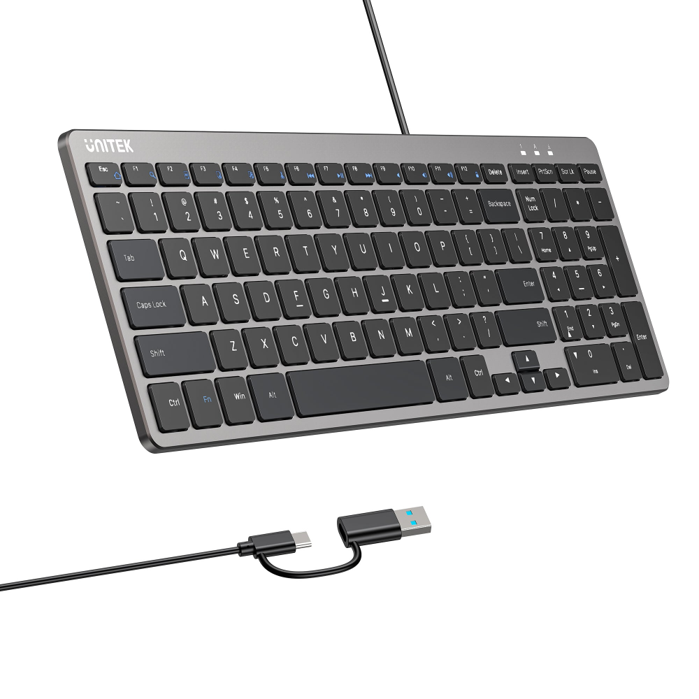 UNITEK T053AGY01-US SLIMTAP ULTRA LIGHT WIRED KEYBOARD WITH 99 KAYS SPACE GREY13 - One Chip Computers Unitek T053AGY01-US SlimTap Ultra-Light Wired Keyboard 99 Keys Space Gray