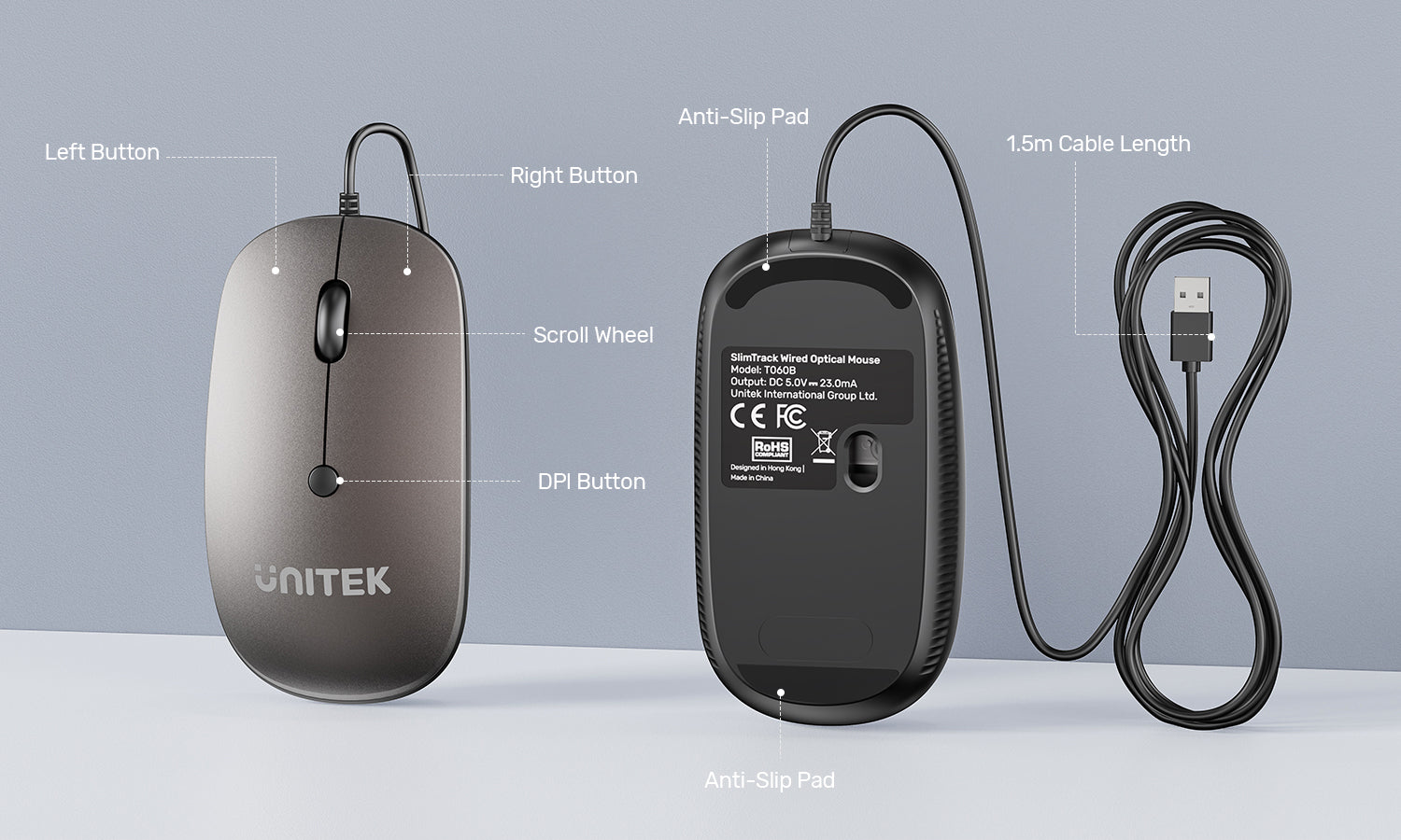 Unitek T060BGY01 SlimTrack Wired Optical Mouse Space Grey