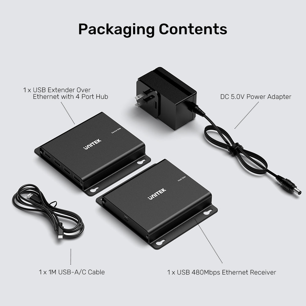 UNITEK U1222ABK01-EU USB-C TO 4-PORTS USB20 HUB EXTENDER11 - One Chip Computers Unitek U1222ABK01-EU USB-C to 4-Port USB Hub Extender Over Ethernet 150M
