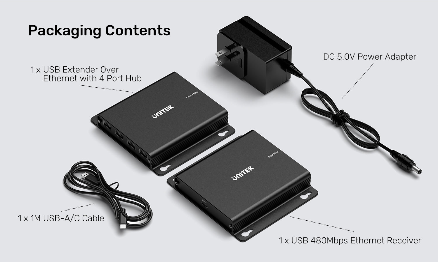 Unitek U1222ABK01-EU USB-C to 4-Port USB Hub Extender Over Ethernet 150M