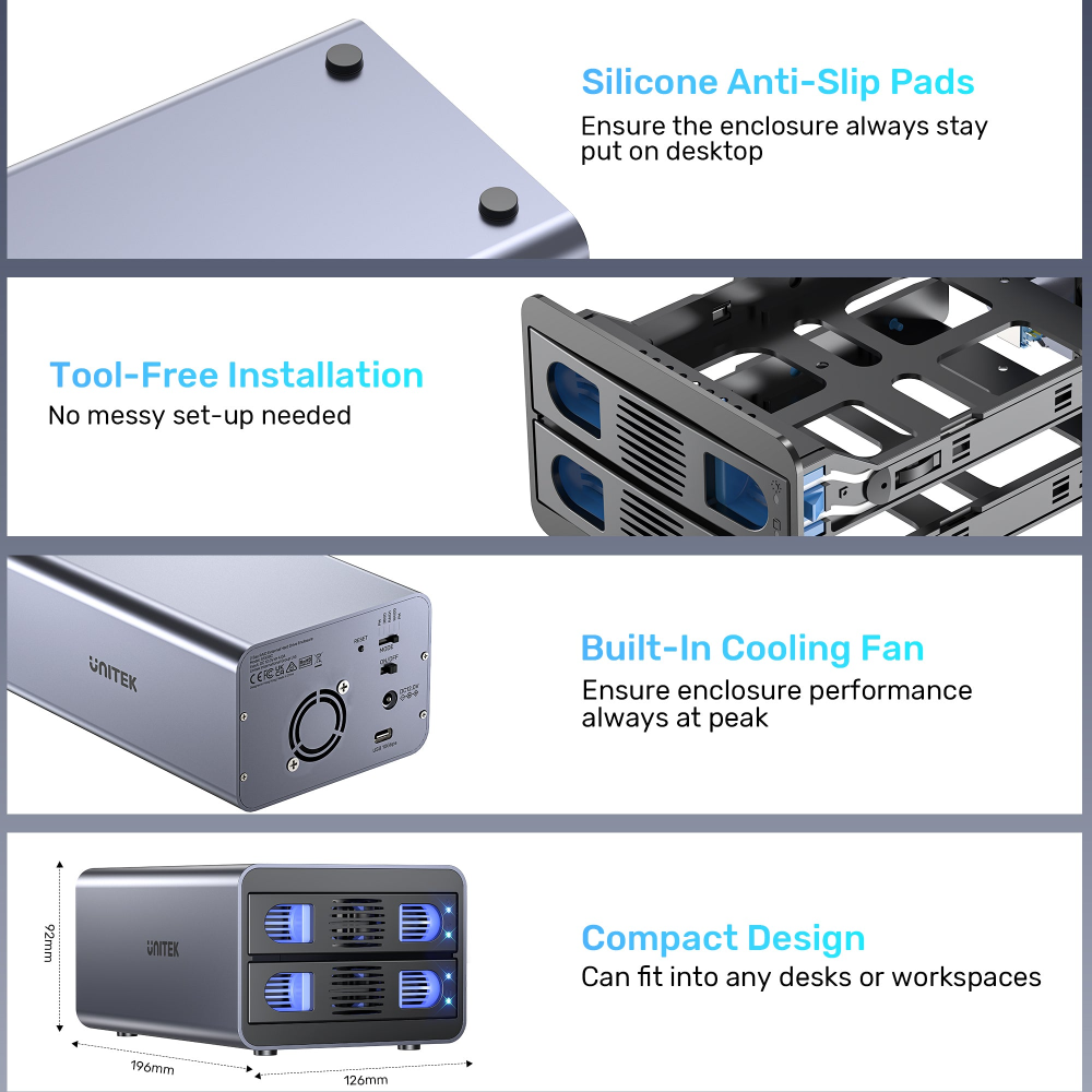 Unitek 2 Bay USB-C RAID External Hard Drive Enclosure05 - One Chip Computers Unitek S1308C01 USB-C 2-Bay 2.5"/3.5" SATA External Hard Drive Enclosure