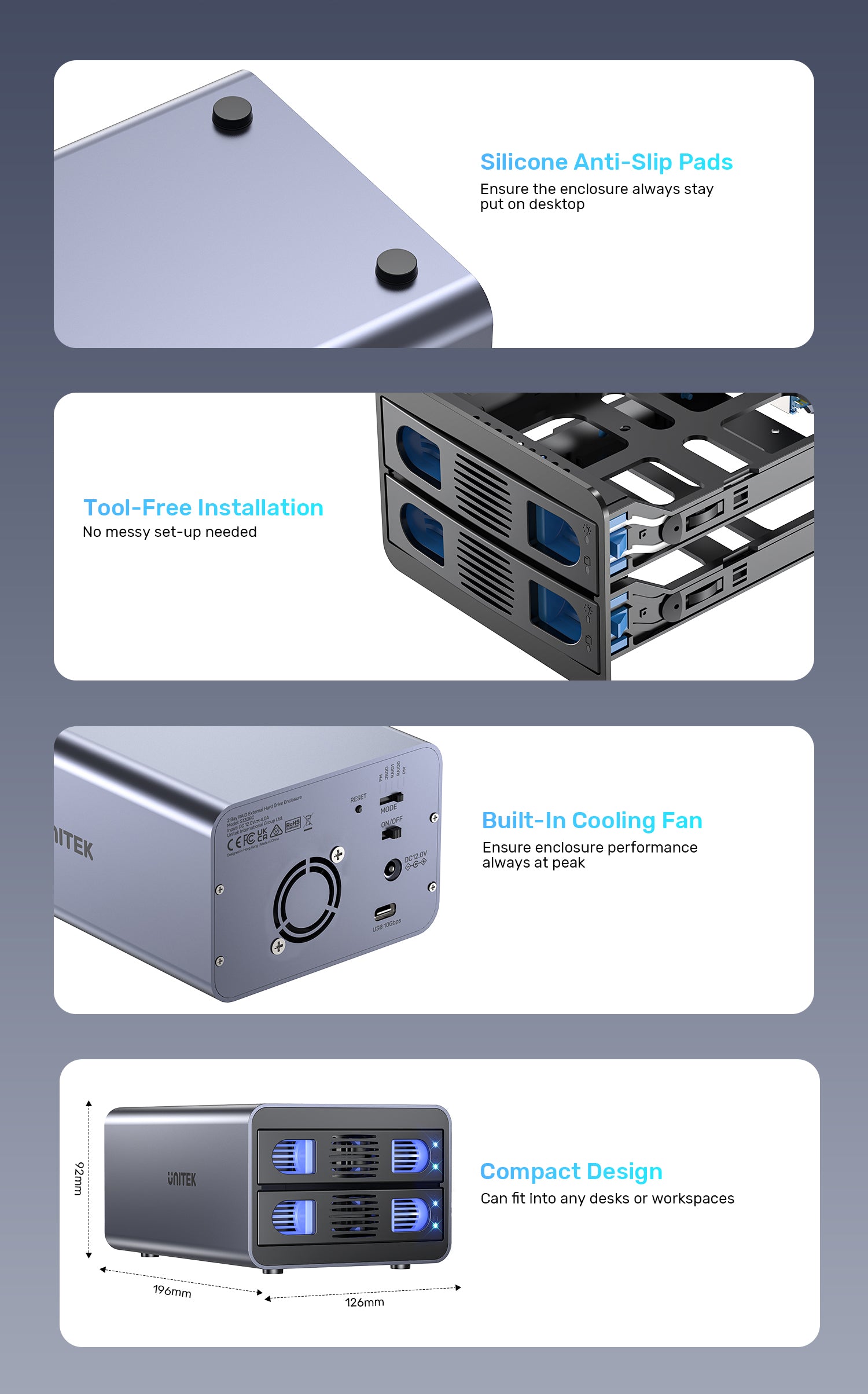 Unitek S1308C01 USB-C 2-Bay 2.5"/3.5" SATA External Hard Drive Enclosure