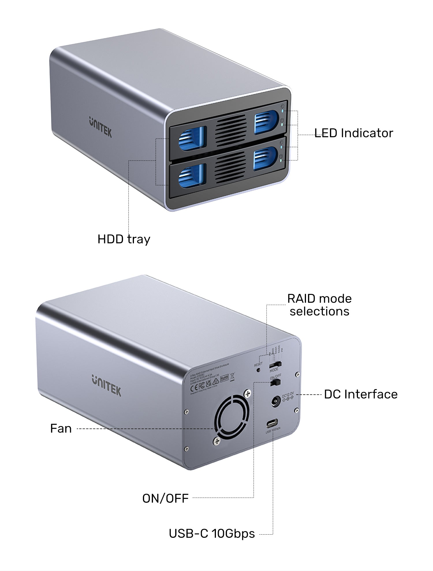 Unitek S1308C01 USB-C 2-Bay 2.5"/3.5" SATA External Hard Drive Enclosure