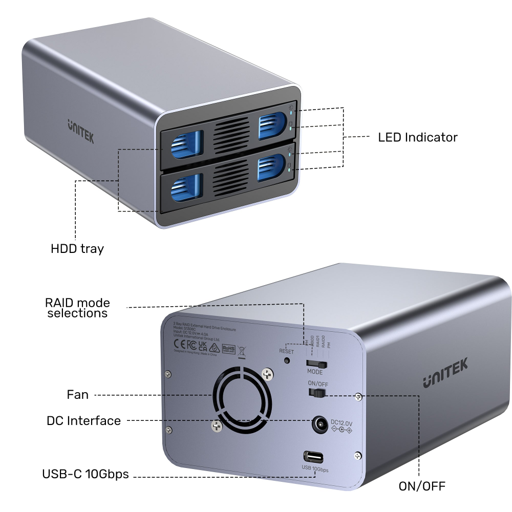 Unitek 2 Bay USB-C RAID External Hard Drive Enclosure13 - One Chip Computers Unitek S1308C01 USB-C 2-Bay 2.5"/3.5" SATA External Hard Drive Enclosure