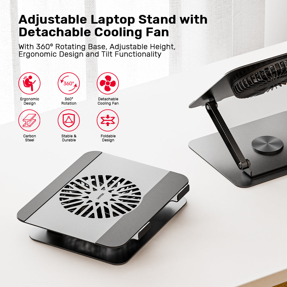 Unitek Adjustable Laptop Stand with Detachable Cooling Fan03 - One Chip Computers Unitek OT1098AGY01 Adjustable Laptop Stand with Detachable Cooling Fan 360° Rotating Base Carbon Steel