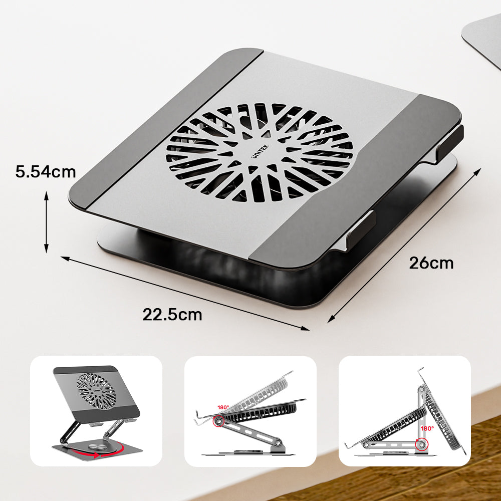 Unitek Adjustable Laptop Stand with Detachable Cooling Fan10 - One Chip Computers Unitek OT1098AGY01 Adjustable Laptop Stand with Detachable Cooling Fan 360° Rotating Base Carbon Steel