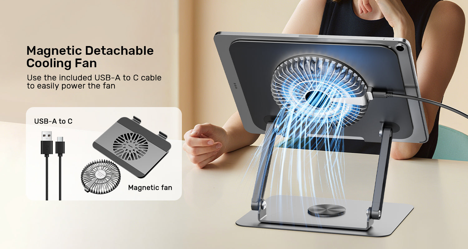 Unitek OT1098AGY01 Adjustable Laptop Stand with Detachable Cooling Fan 360° Rotating Base Carbon Steel