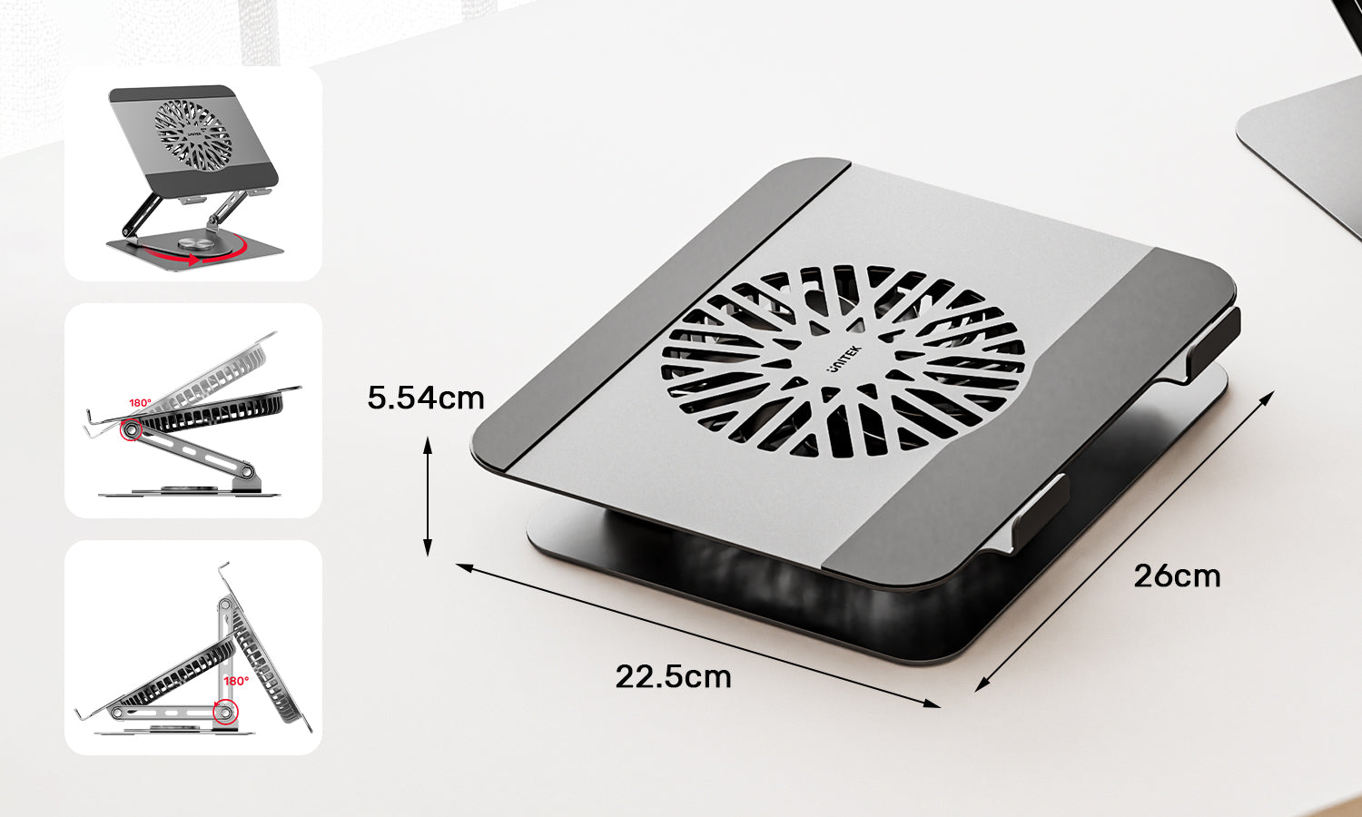 Unitek Adjustable Laptop Stand with Detachable Cooling Fan4 - One Chip Computers Unitek OT1098AGY01 Adjustable Laptop Stand with Detachable Cooling Fan 360° Rotating Base Carbon Steel
