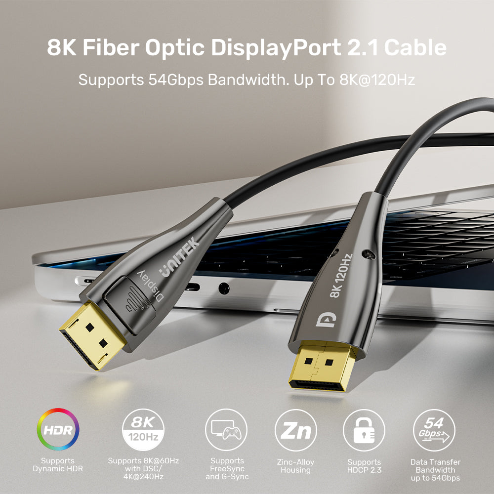 Unitek C1631ABK01-10M DisplayPort 21 M to M Fiber Optic Cable 8K 120Hz 54Gbps 10M03 - One Chip Computers Unitek C1631ABK01-10M DisplayPort 2.1 M to M Fiber Optic Cable 8K 120Hz 54Gbps 10M