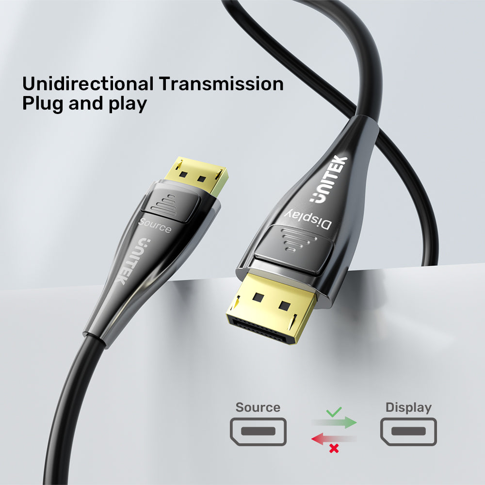 Unitek C1631ABK01-10M DisplayPort 21 M to M Fiber Optic Cable 8K 120Hz 54Gbps 10M04 - One Chip Computers Unitek C1631ABK01-10M DisplayPort 2.1 M to M Fiber Optic Cable 8K 120Hz 54Gbps 10M
