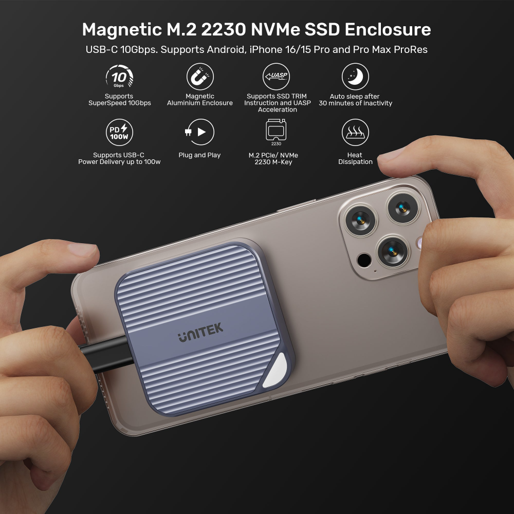 Unitek Magnetic M2 2230 NVMe SSD Enclosure03 - One Chip Computers Unitek S1244AGY01 Magnetic M.2 2230 NVMe SSD Enclosure 100W PD Metal