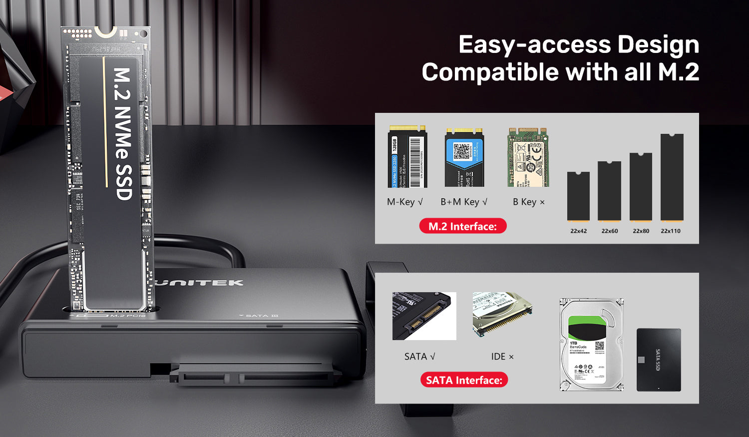 Unitek S1232A01-EU USB-C to NVMe M.2 & 2.5''/3.5'' SATA SSD Enclosure Adapter