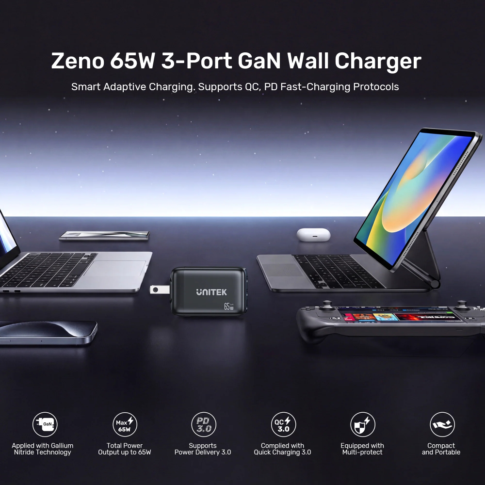 Unitek P1130ABK01 65W GaN Wall Charger 3-port fast charger 02 - One Chip Computers Unitek P1130ABK01 65W GaN Wall Charger