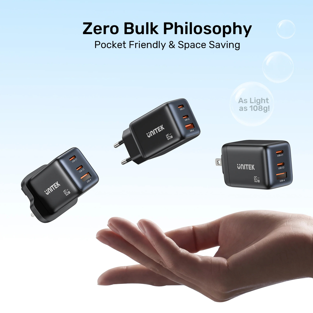 Unitek P1130ABK01 65W GaN Wall Charger 3-port fast charger 04 - One Chip Computers Unitek P1130ABK01 65W GaN Wall Charger