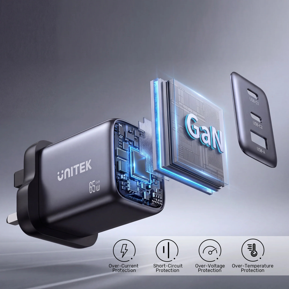 Unitek P1130ABK01 65W GaN Wall Charger 3-port fast charger 11 - One Chip Computers Unitek P1130ABK01 65W GaN Wall Charger