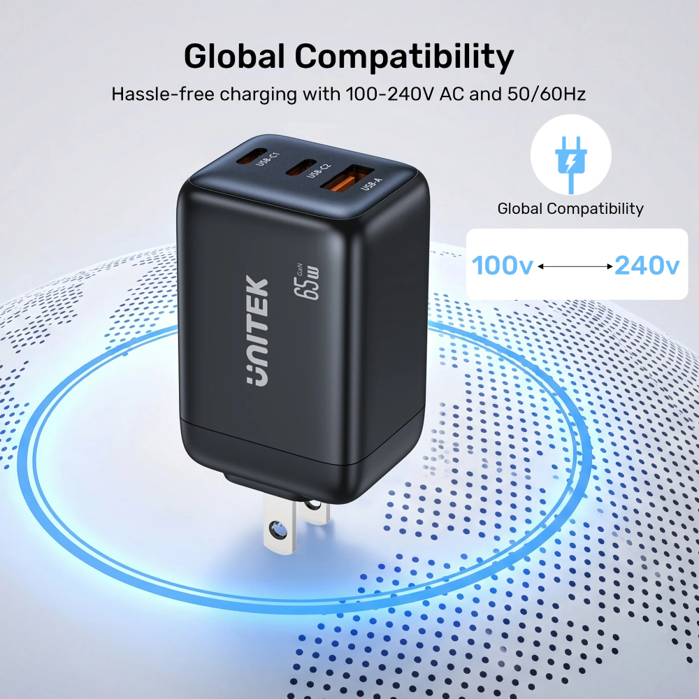 Unitek P1130ABK01 65W GaN Wall Charger 3-port fast charger 12 - One Chip Computers Unitek P1130ABK01 65W GaN Wall Charger