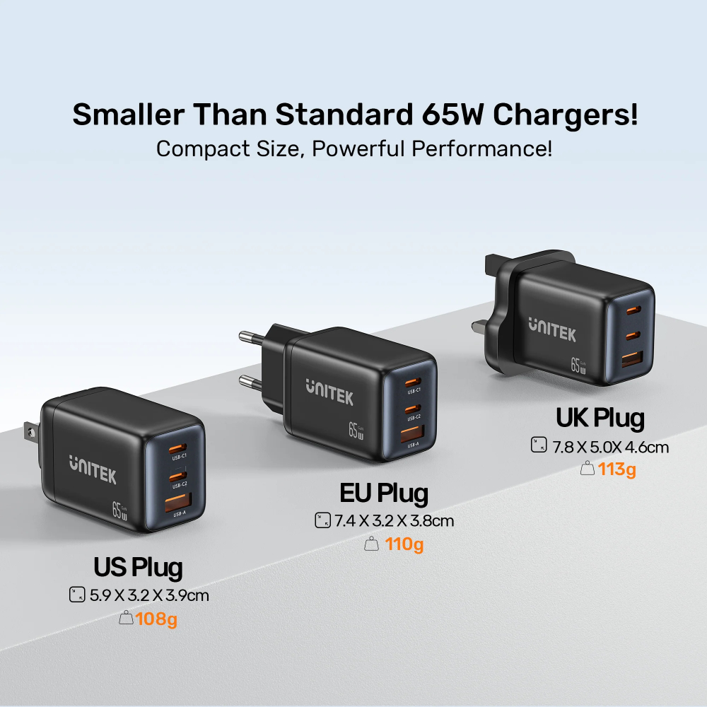 Unitek P1130ABK01 65W GaN Wall Charger 3-port fast charger 13 - One Chip Computers Unitek P1130ABK01 65W GaN Wall Charger