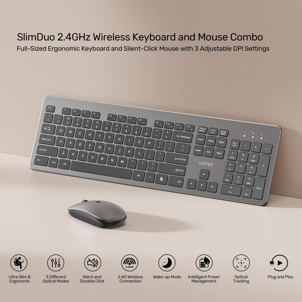Unitek T054AGY01-US SlimDuo 24GHz Wireless Keyboard Mouse Combo Space Gray06 - One Chip Computers Unitek T054AGY01-US SlimDuo 2.4GHz Wireless Keyboard & Mouse Combo Space Gray