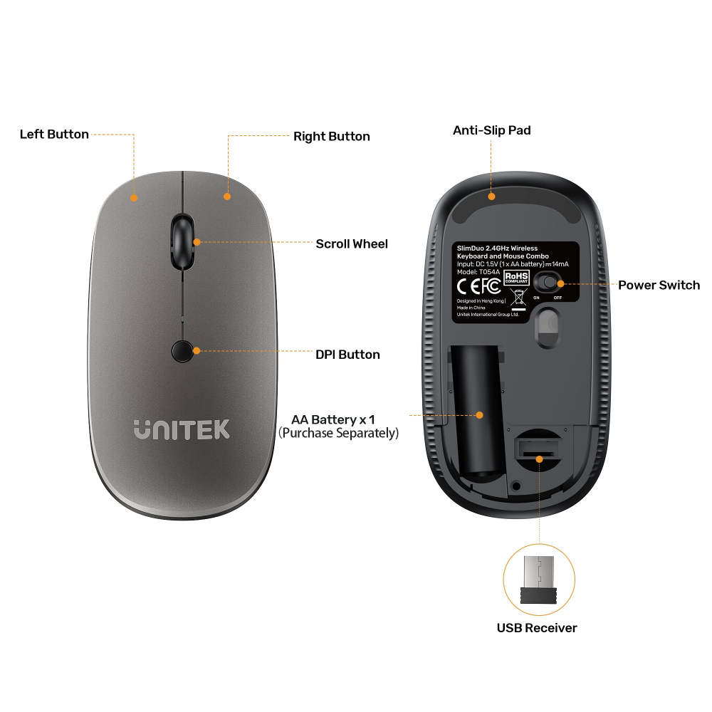 Unitek T054AGY01-US SlimDuo 24GHz Wireless Keyboard Mouse Combo Space Gray14 - One Chip Computers Unitek T054AGY01-US SlimDuo 2.4GHz Wireless Keyboard & Mouse Combo Space Gray