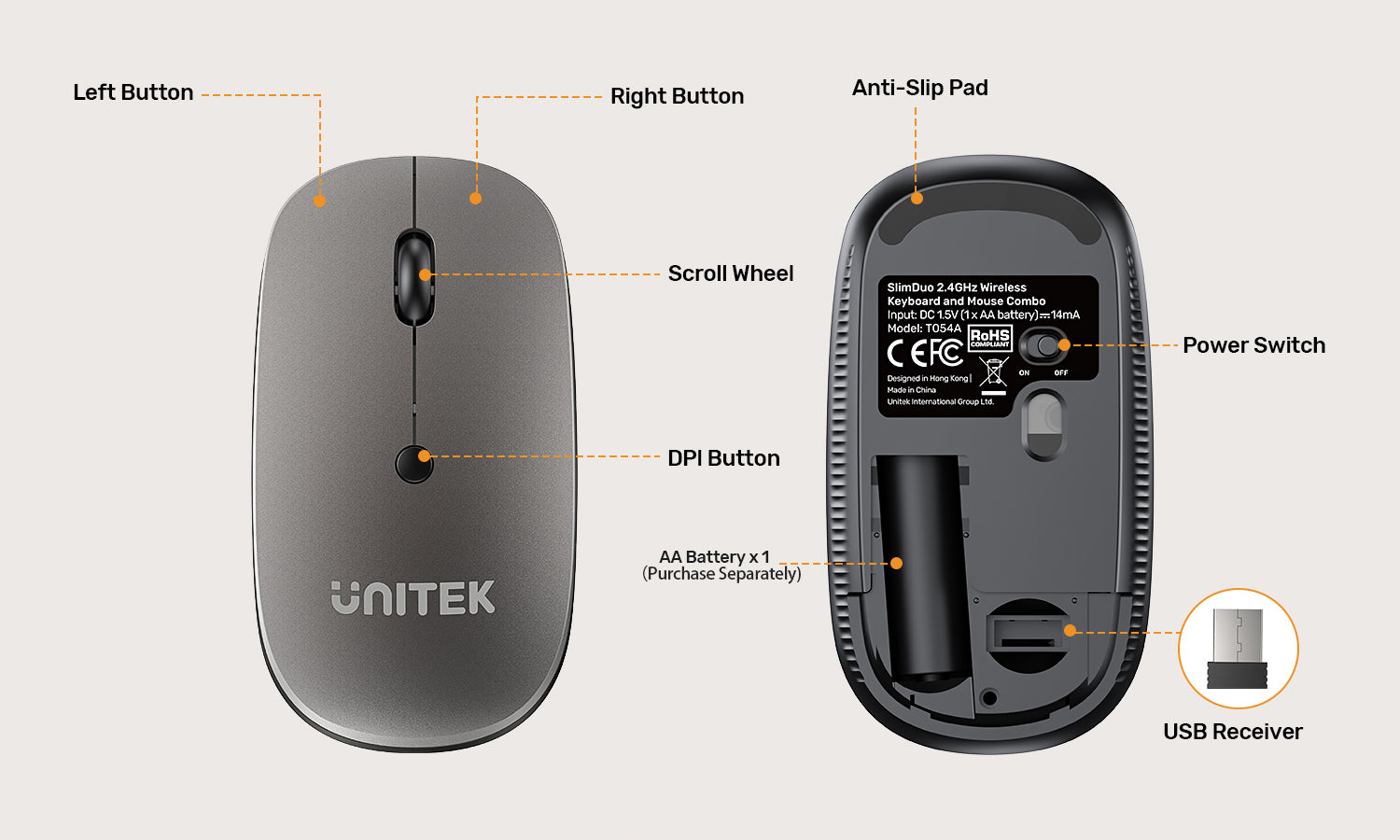 Unitek T054AGY01-US SlimDuo 24GHz Wireless Keyboard Mouse Combo Space Gray5 - One Chip Computers Unitek T054AGY01-US SlimDuo 2.4GHz Wireless Keyboard & Mouse Combo Space Gray