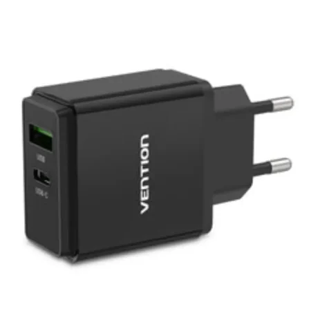 VENTION QC67-EU-B 2PORT USB A+C WALL CHARGER 20W 1 - One Chip Computers Vention QC67-EU-B 2-Port USB A+C 20W Wall Charger