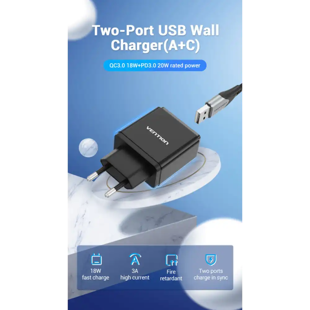 VENTION QC67-EU-B 2PORT USB A+C WALL CHARGER 20W 2 - One Chip Computers