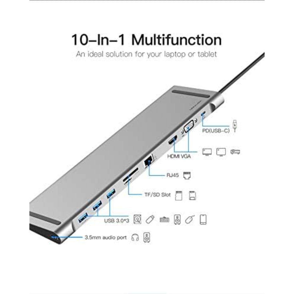 VENTION THOHAH 10-IN-1 TYPE-C DOCKING STATION METAL GRAY-5 - One Chip Computers