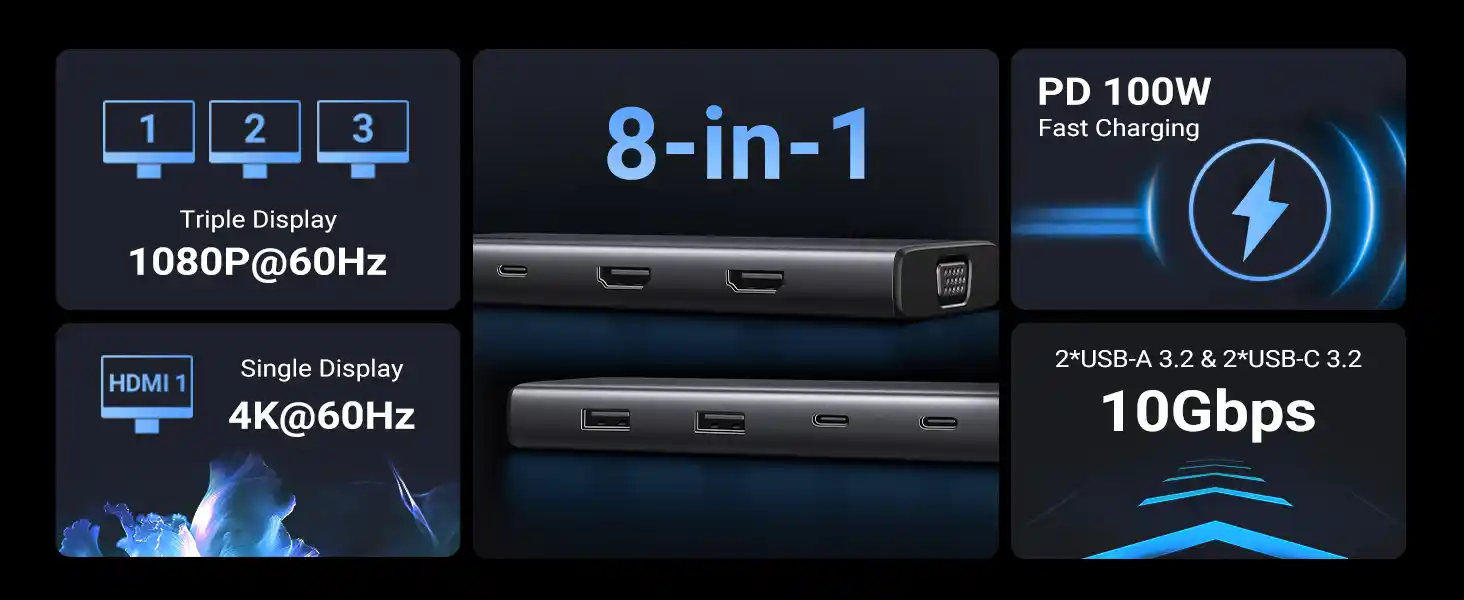 UGREEN 35588 8-in-1 USB-C Docking Station Dual Monitor 4K