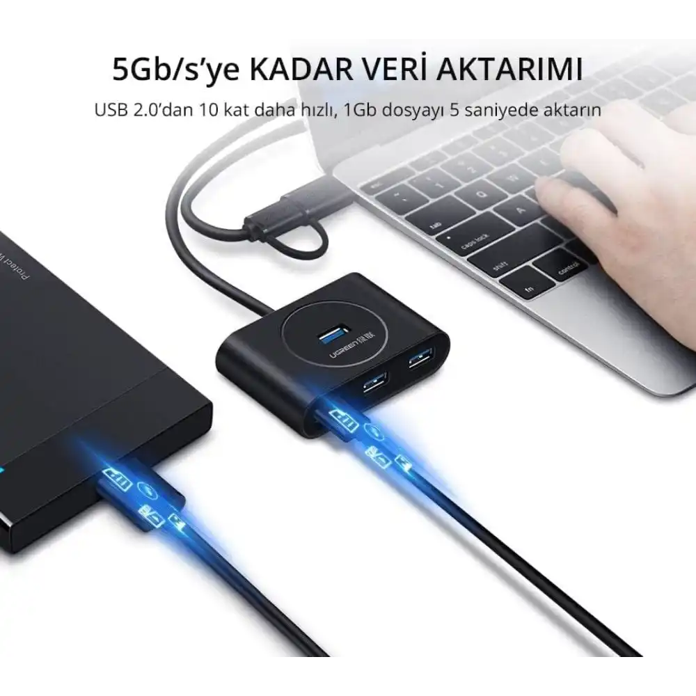 UGREEN 40850 USB 30 Hub with USB-C Port 1m Black 4-in-13 - One Chip Computers