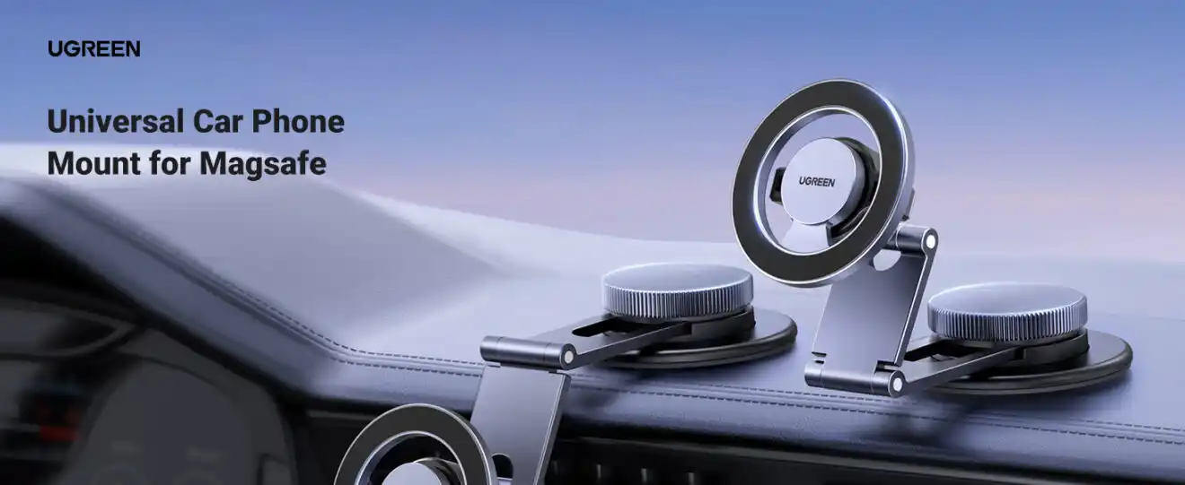 UGREEN 45577 Magnetic Dashboard Car Phone Mount made of metal, attached to a car dashboard.
