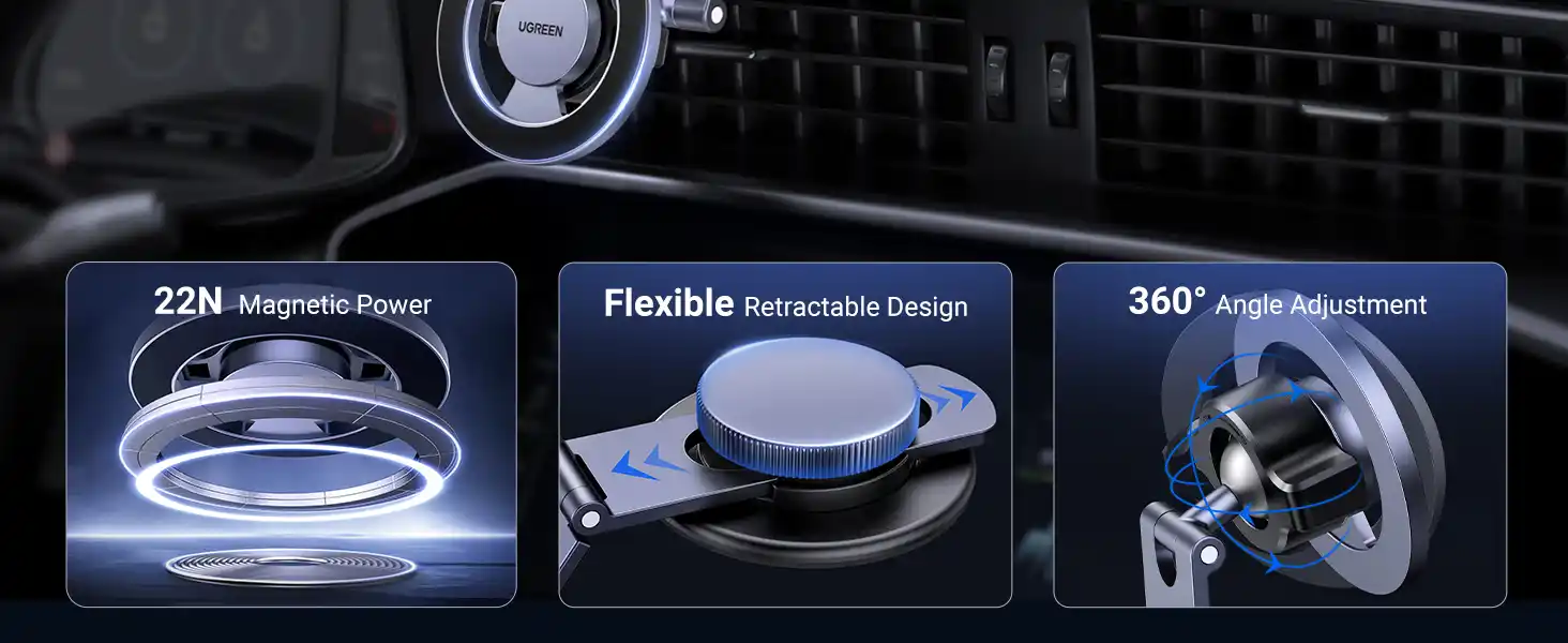 UGREEN 45577 Magnetic Dashboard Car Phone Mount made of metal, attached to a car dashboard.