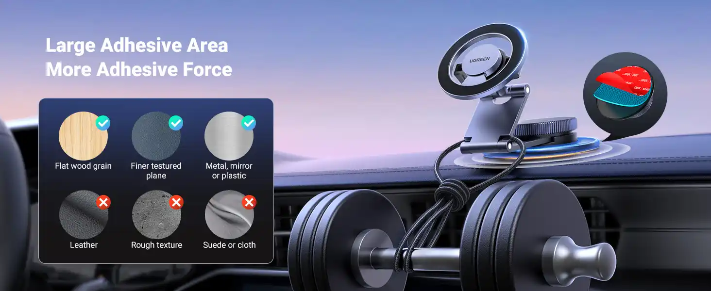 UGREEN 45577 Magnetic Dashboard Car Phone Mount made of metal, attached to a car dashboard.