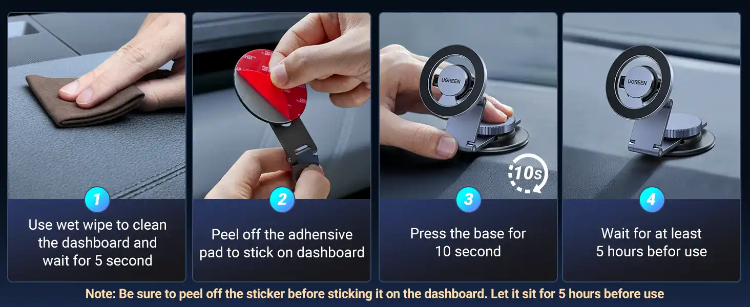UGREEN 45577 Magnetic Dashboard Car Phone Mount made of metal, attached to a car dashboard.