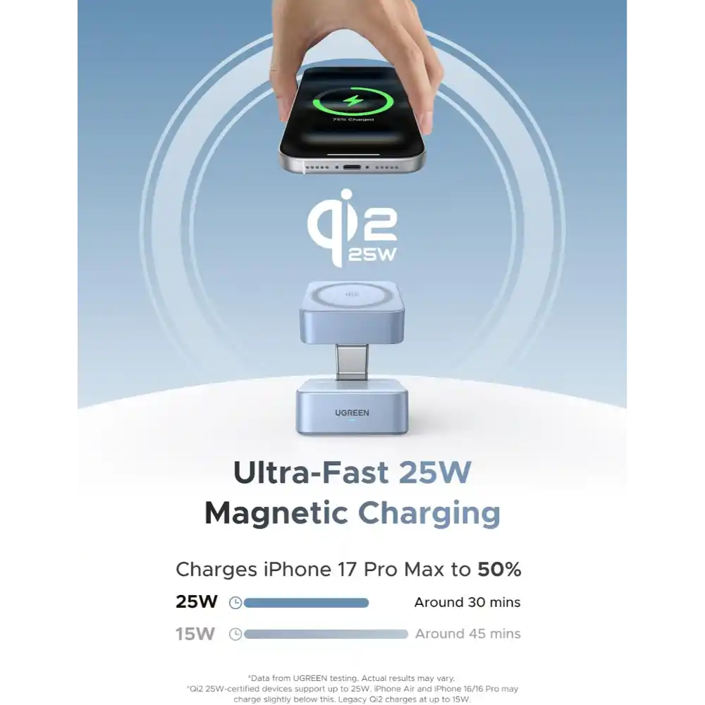 UGREEN 55960B MagFlow Qi2 2 In 1 25W Magnetic Wireless Charger - One Chip Computers UGREEN 55960B MagFlow Qi2 2 In 1 25W Magnetic Wireless Charger