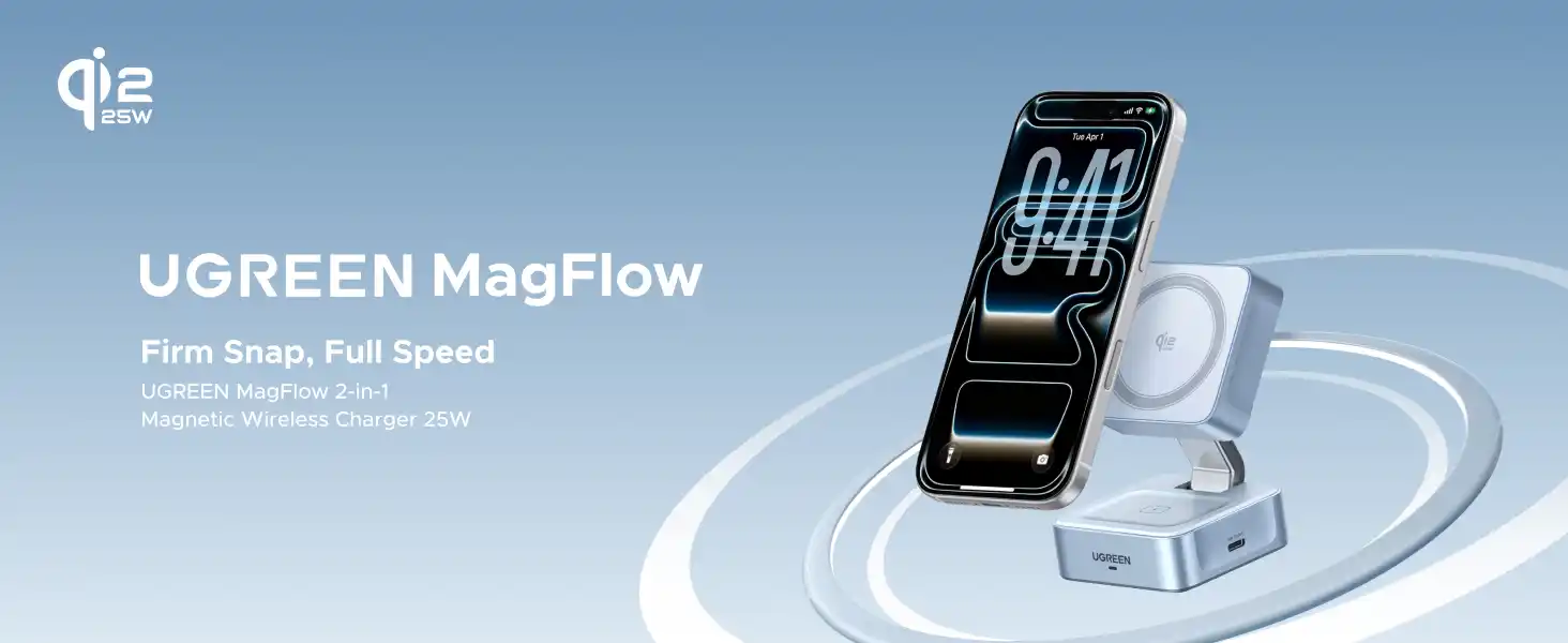 UGREEN 55960B MagFlow Qi2 2 In 1 25W Magnetic Wireless Charger - One Chip Computers UGREEN 55960B MagFlow Qi2 2 In 1 25W Magnetic Wireless Charger