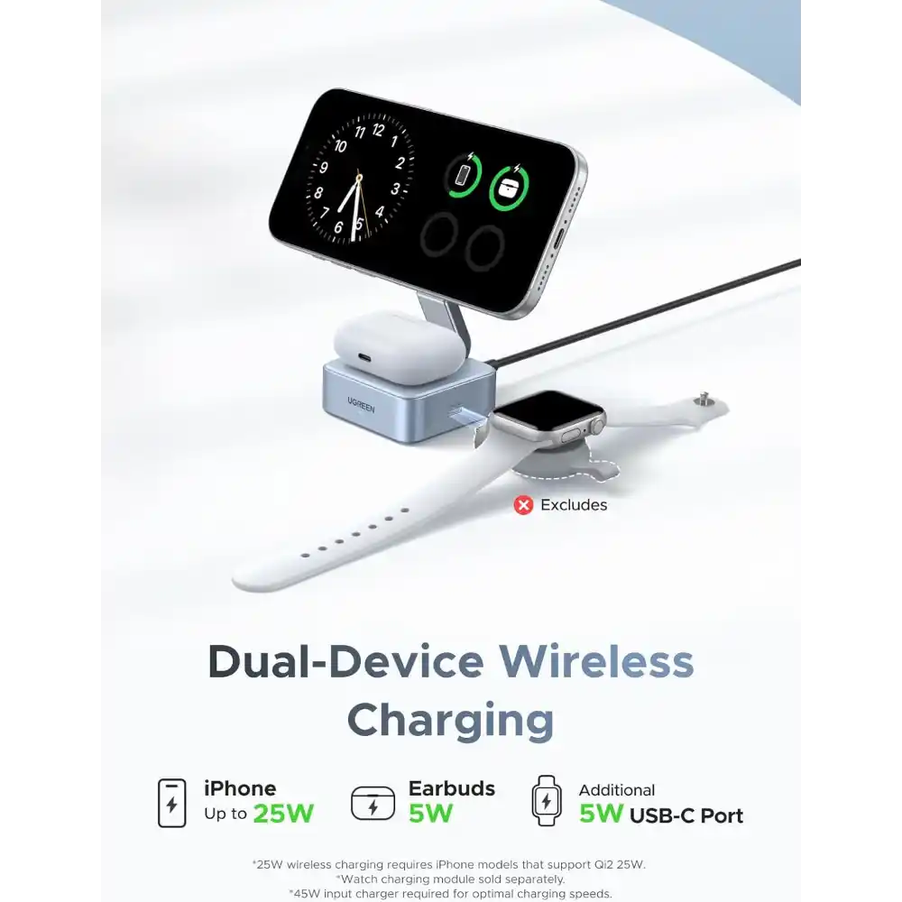 UGREEN 55960B MagFlow 2-in-1 Qi2 Wireless Charger-2 - One Chip Computers UGREEN 55960B MagFlow Qi2 2 In 1 25W Magnetic Wireless Charger