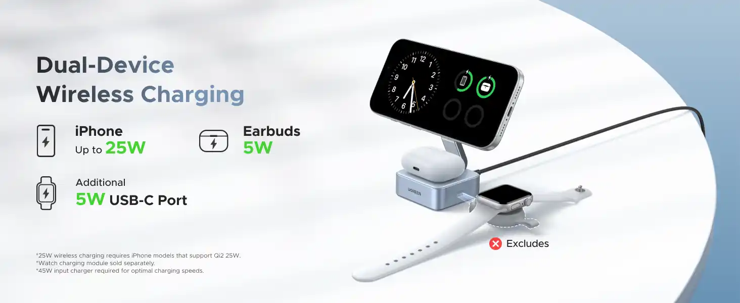 UGREEN 55960B MagFlow Qi2 2 In 1 25W Magnetic Wireless Charger