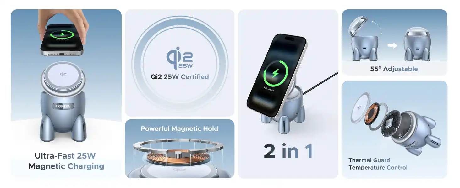 UGREEN 65300 2-in-1 Rocket Qi2 25W Wireless Charger