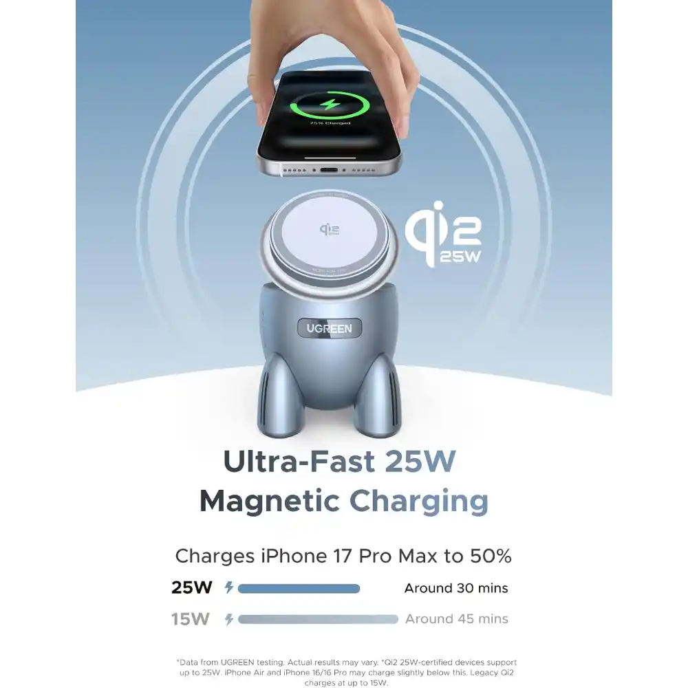 UGREEN 65300 2-in-1 Rocket Qi2 25W Wireless Charger - One Chip Computers UGREEN 65300 2-in-1 Rocket Qi2 25W Wireless Charger
