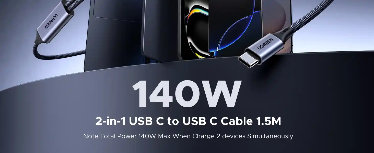 UGREEN 75733 140W 2-in-1 Dual USB-C Cable 2M Fast Charging