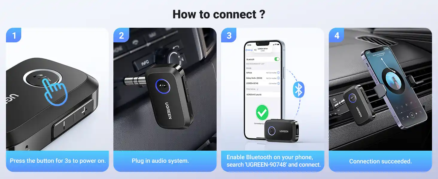 UGREEN 90748 3.5mm Aux Bluetooth 5.3 Audio Adapter for Vehicle